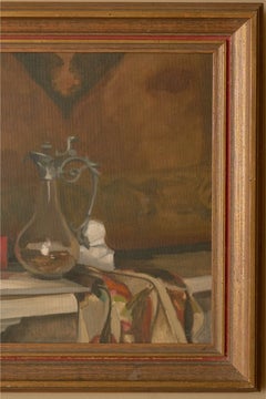 20th century still life oil on canvas of a jug on mantle piece