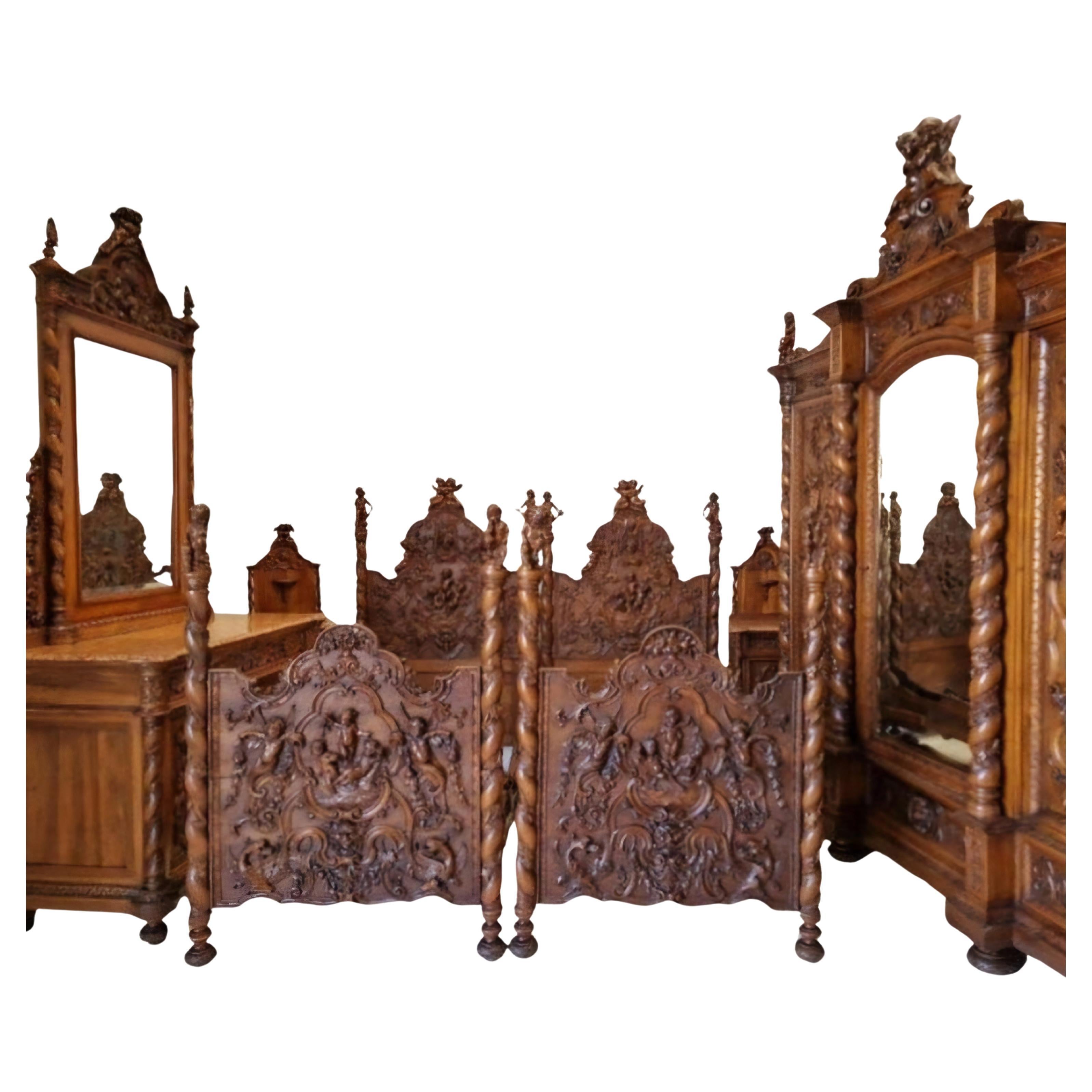 This Absolutely Magnificent Rare 7-piece bedroom set is a fantastic piece of Artwork. The Bedroom features a Fabulous Heavily Carved Bed, this can be used as a Pair of Single beds or as a Super King-Size Bed with an impressive Baroque style