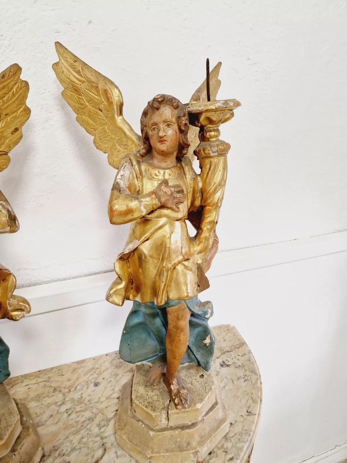 Wood Pair of Antique 18th Century Angel Torch Holders For Sale