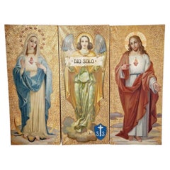 19th Century Religious Triptych Oil Paintings on Cloth, 80x184 cm