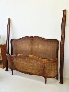 Vintage French Louis XV Style Caned Demi Corbeille Bed , EU King Size, 1940