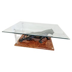 1970s Claude Dalle Coffee Table, Burr Wood & Bronze Panther Design