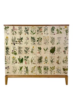Swedish Modern 1940s Birch Cabinet with Antique Decor of Nordic Wildflowers