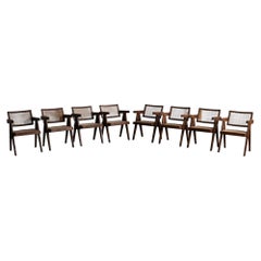 Set of 8 Pierre Jeanneret Office Cane Chairs, India 1950s
