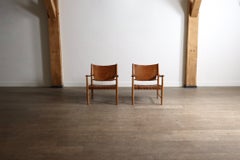 Pair Of Safari Chairs In Woven Cognac Leather, Denmark, 1960s