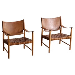 Pair Of Safari Chairs In Woven Cognac Leather, Denmark, 1960s