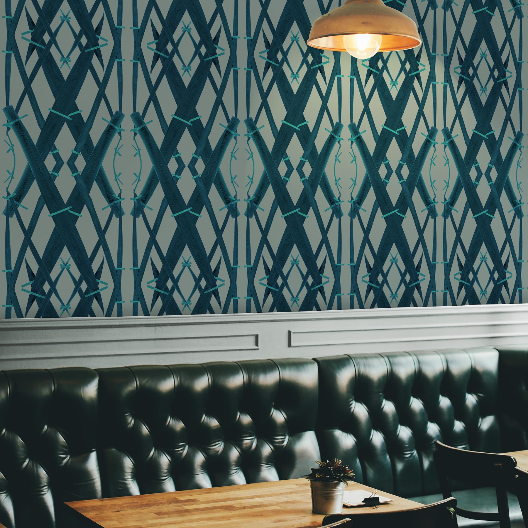 British Floral Wallpaper Teal on Sage Green background: Meadow Grass Verdigris For Sale