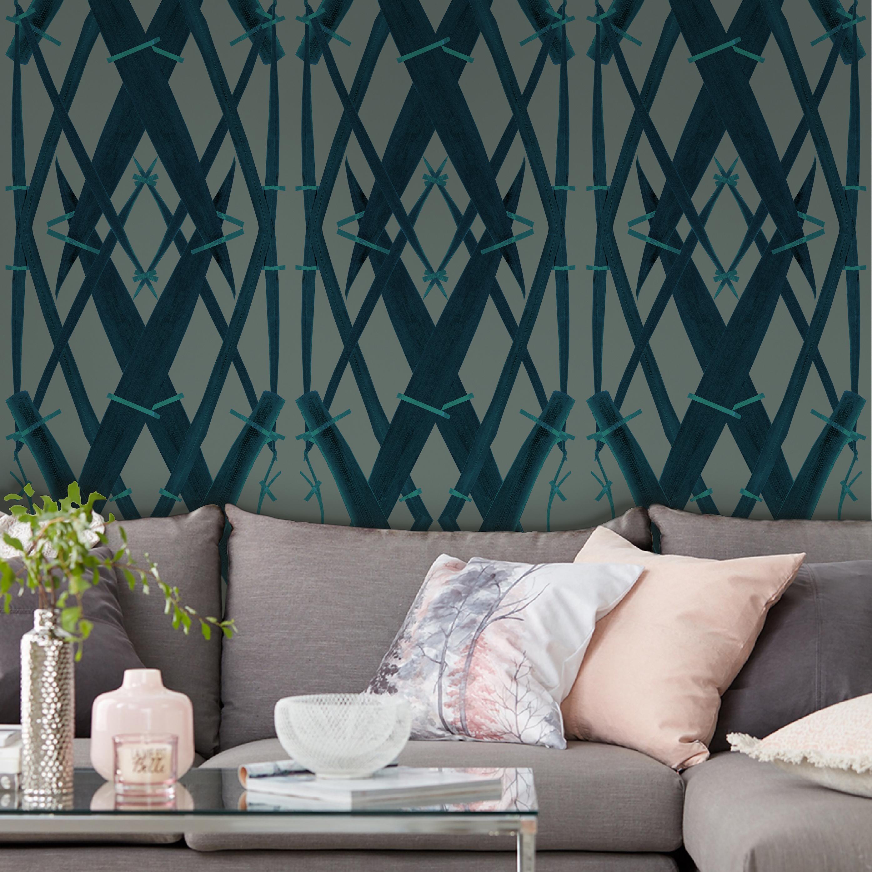 Art Deco Floral Wallpaper Teal on Sage Green background: Meadow Grass Verdigris For Sale