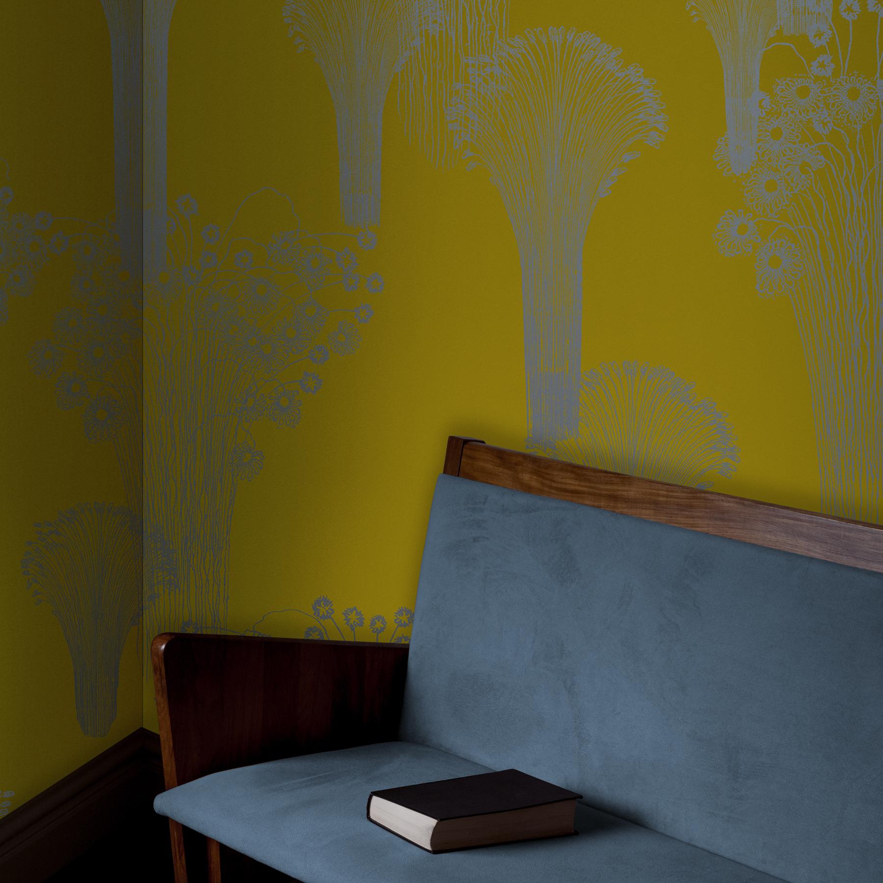Bohemian Fireworks Wallpaper Gold on Sage Green background: Le Grand Feu For Sale