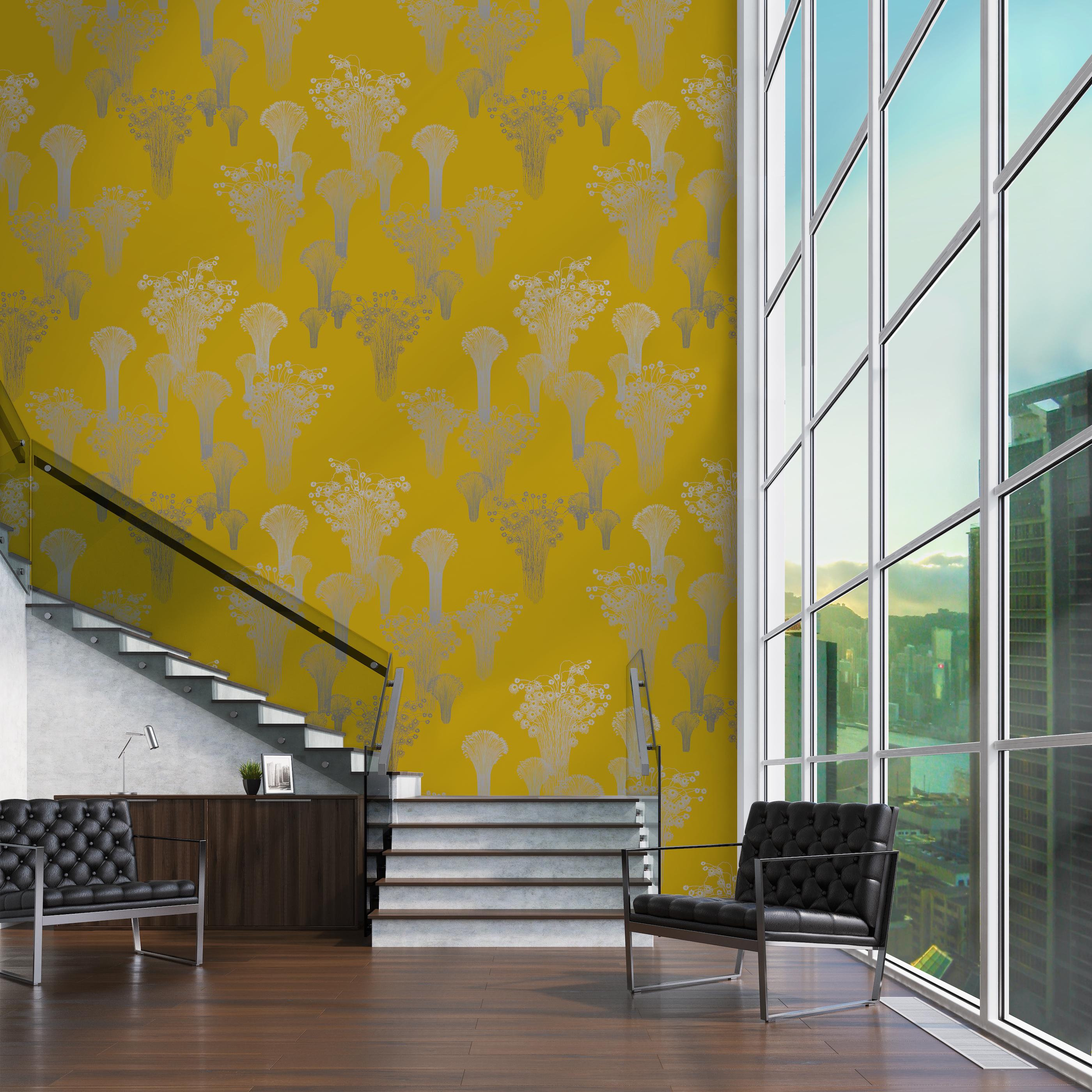 Fireworks Wallpaper Gold on Sage Green background: Le Grand Feu In New Condition For Sale In AMSTERDAM, NH