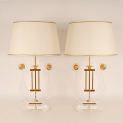 Lucite Gilt Bronze Table Lamps 1970s Design Lyre Shaped Mid-Century Modern