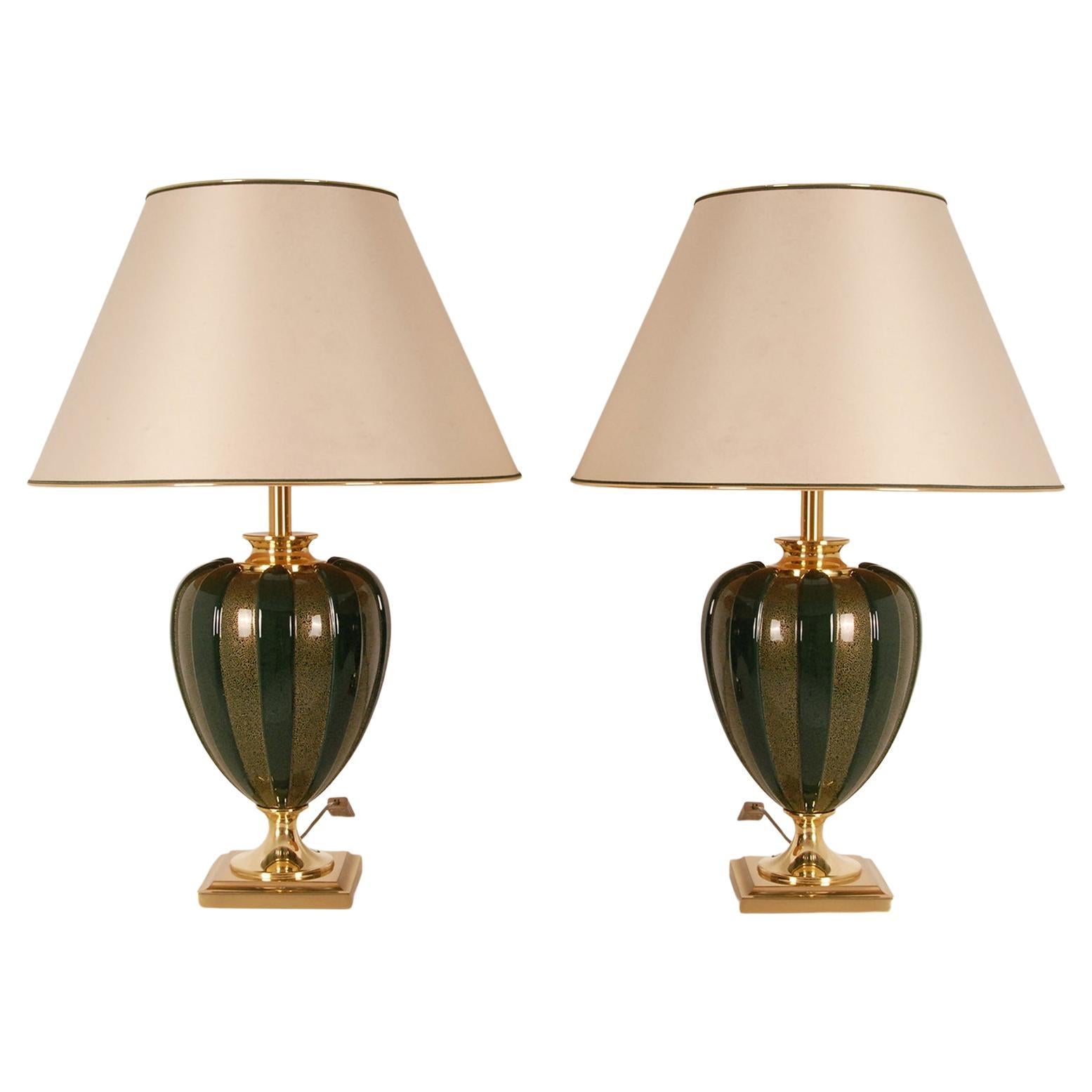Maison Le Dauphin Table Lamps Porcelain Mid Century Gold Forest Green 1970s  Pair For Sale at 1stDibs