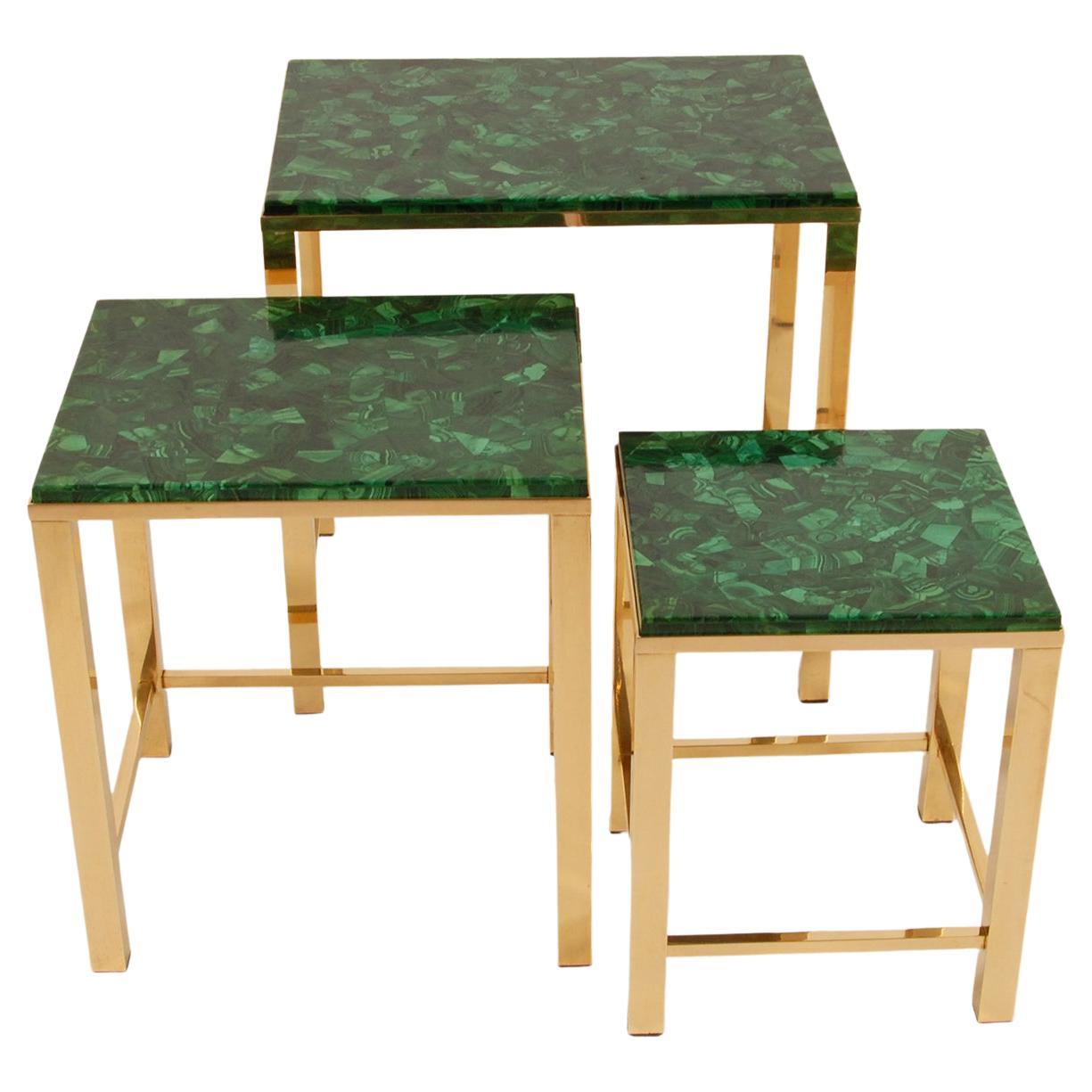Vintage Malachite Marble Green Gold Gilded Brass End Nest Tables Coffee Table  For Sale