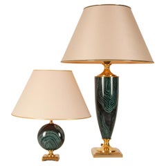 Vintage Mid Century Modern Faux Green Malachite and Gold Brass Buffet Lamps Table Lamps 