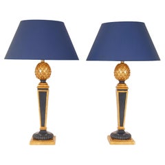 Vintage French High End Lamps Blue Gold Giltwood Pineapple Table Lamps, a Pair