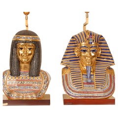 Italian Table Lamps Capodimonte Porcelain Vintage King Tut and Cleopatra a pair