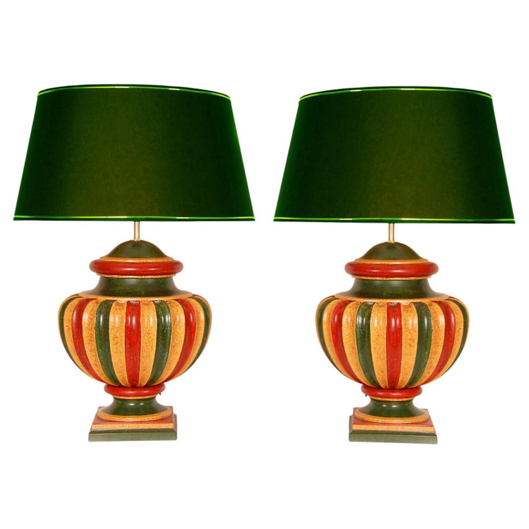 Vintage Italian Table Lamps Tall Carved Wood Vase Lamps 1980s a Pair