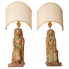 Vintage Italian Table Lamps Ceramic Figural Gold King Tut and Cleopatra A Pair