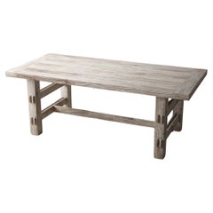 Mesa de comedor rústica moderna de teca maciza de 2" en acabado arenado blanqueado al sol