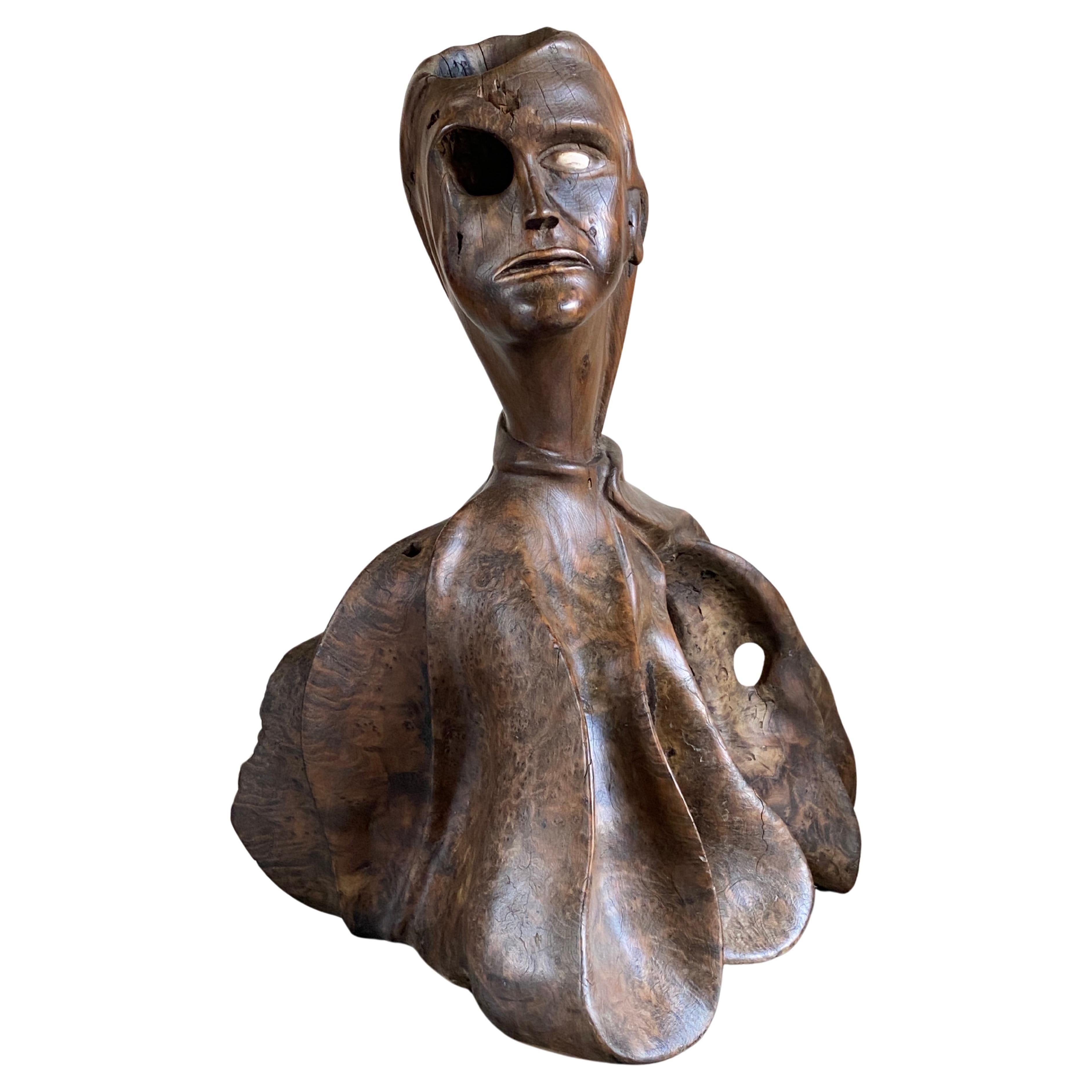 Folk Art Walnut Burr Sculpture Carved Human Form Life Size For Sale