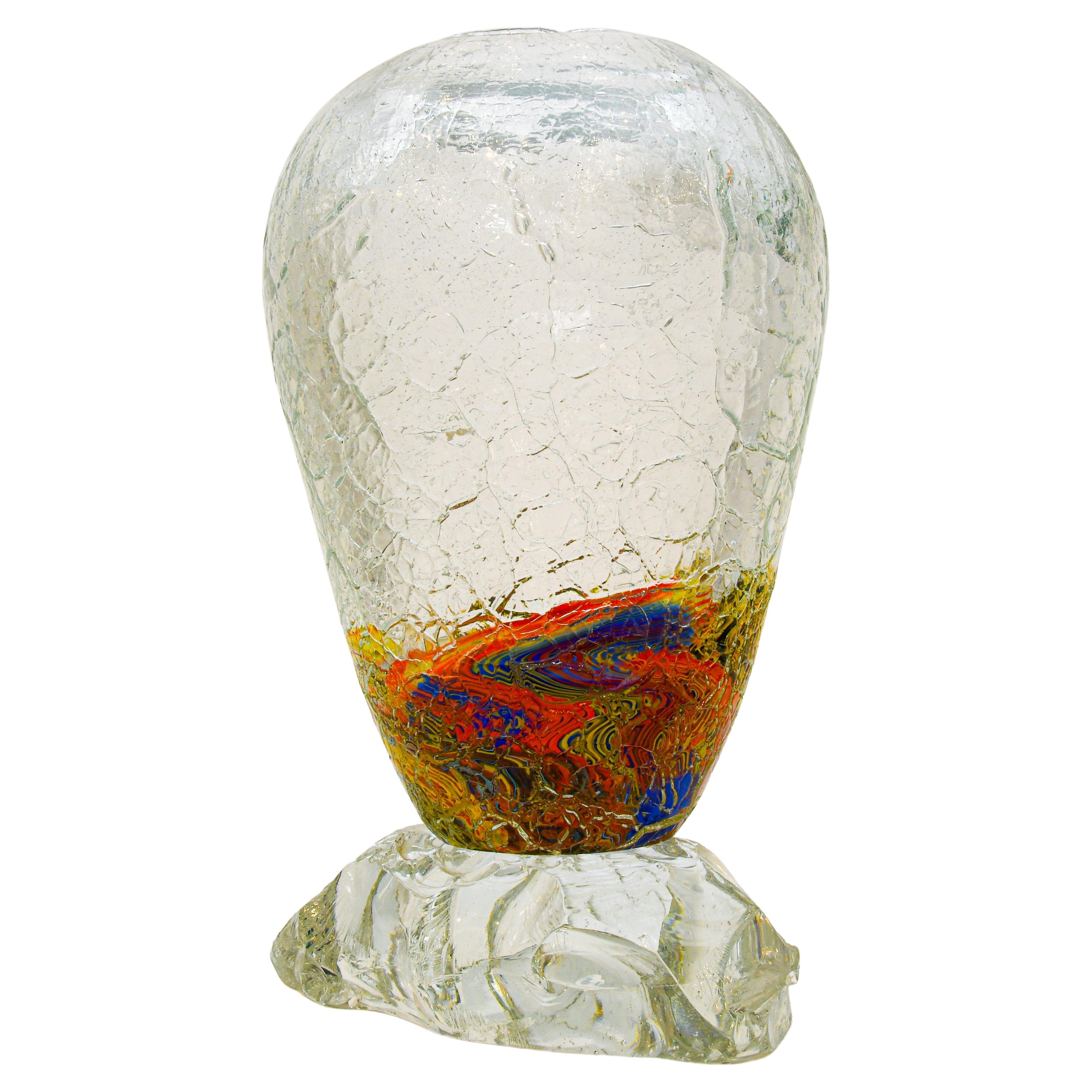 Large Murano  Crackle Glass Vase With Fused Faceted Glass Block Base For Sale