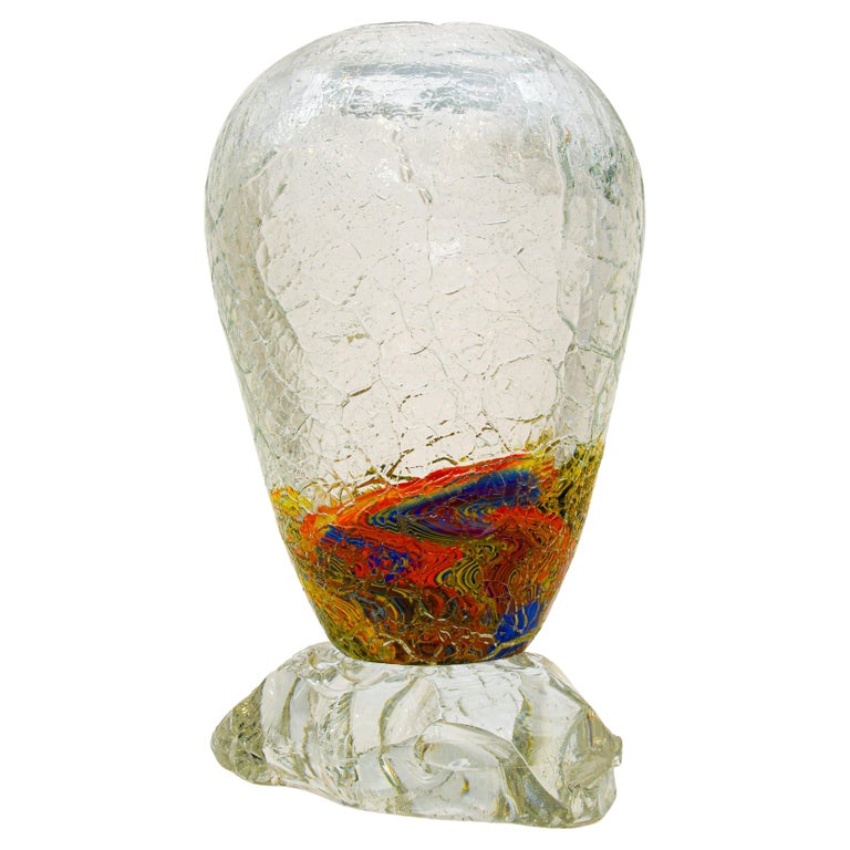 Large Murano Crackle Glass Vase With Fused Faceted Glass Block Base For