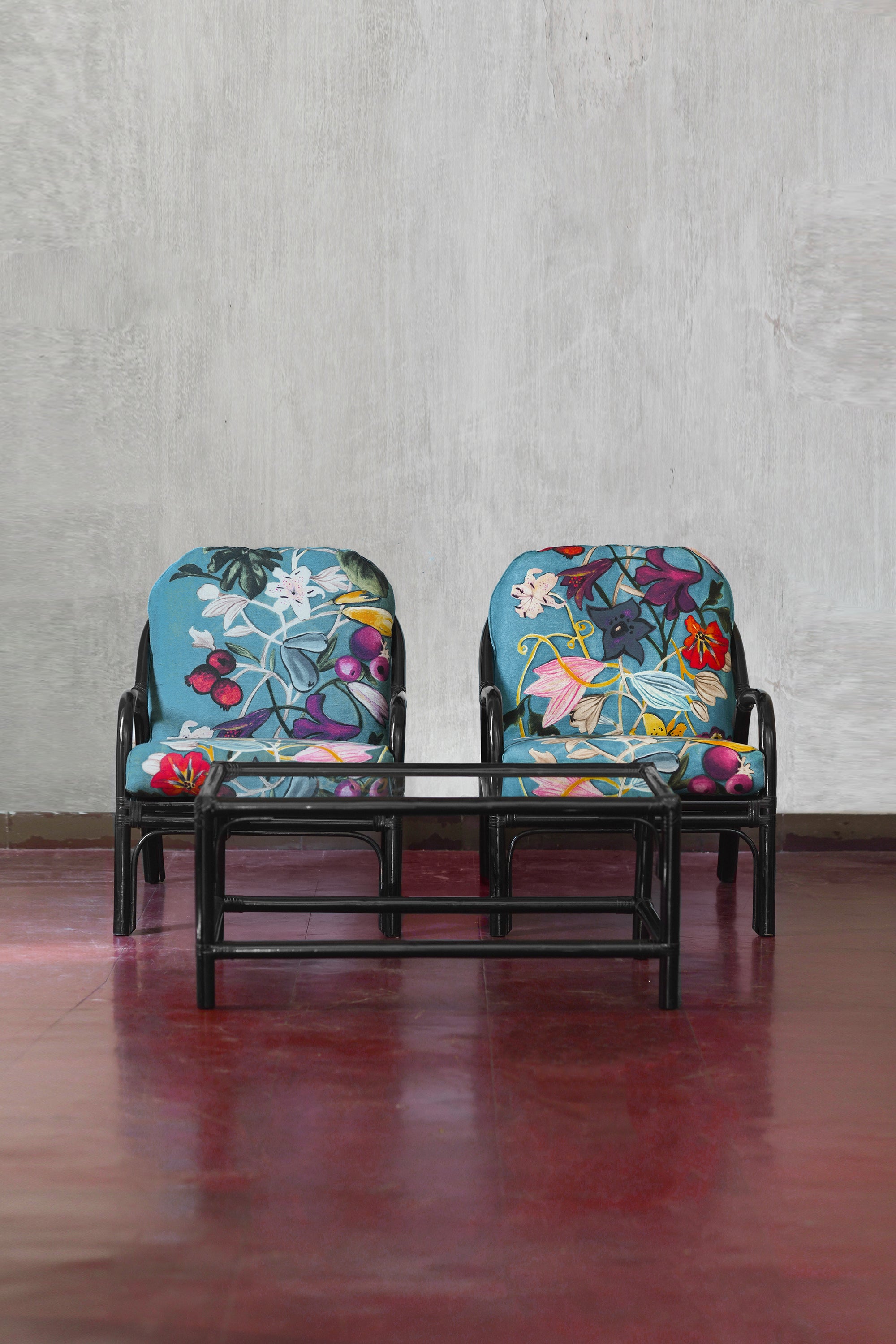 Ensemble de salon en bambou laqué noir avec coussins en tissu "Dedar", 1970 en vente