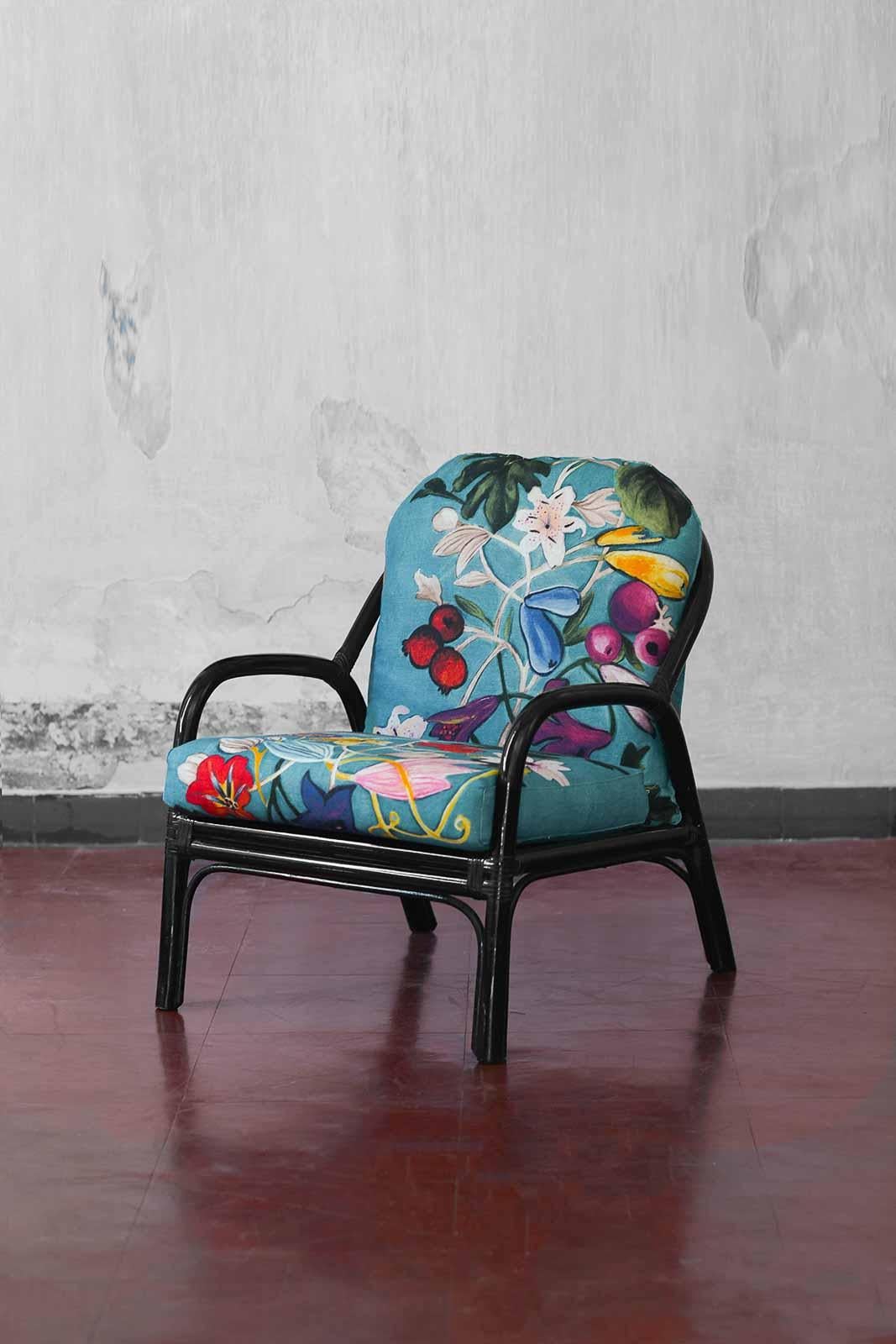 Ensemble de salon en bambou laqué noir avec coussins en tissu 