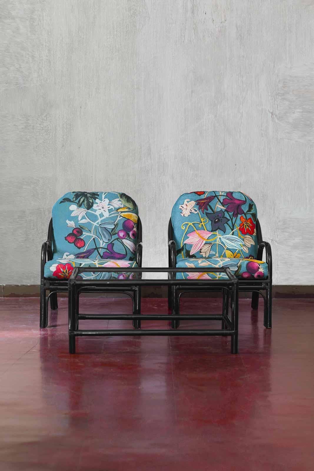 Ensemble de salon en bambou laqué noir avec coussins en tissu 