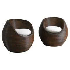 Pair Of Dark Finish Bamboo Egg Chairs, 1970s