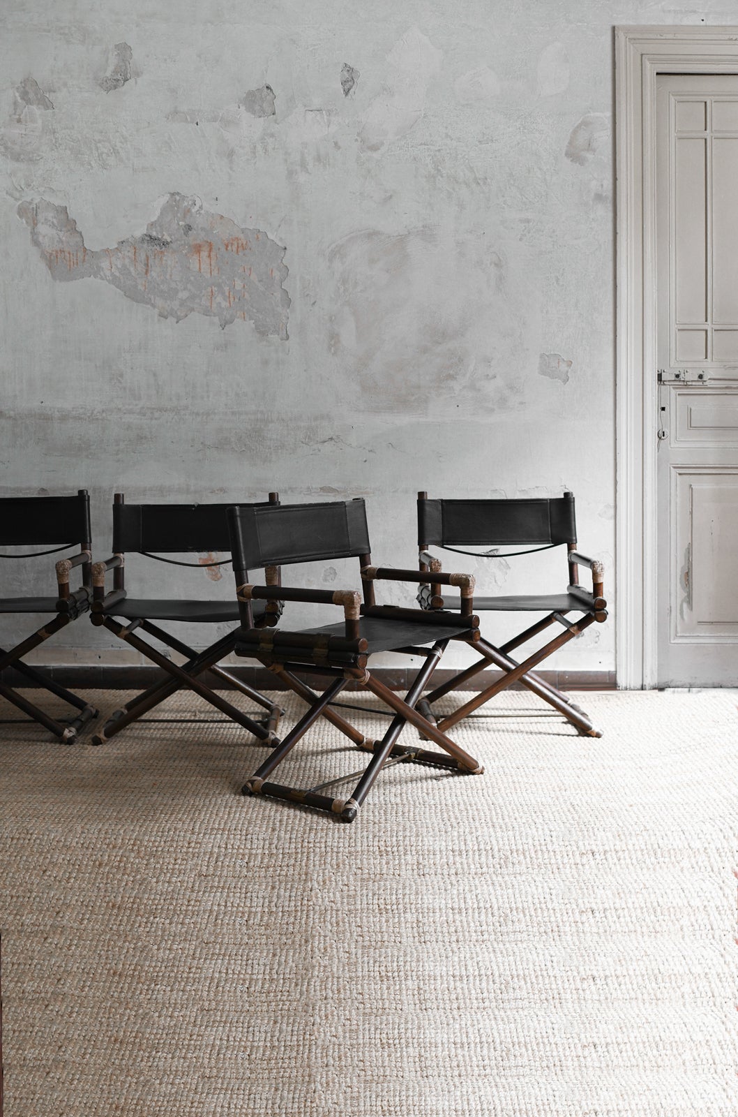 Set of 4 director’s chairs in bamboo and black leather, Lyda Levi for McGuire