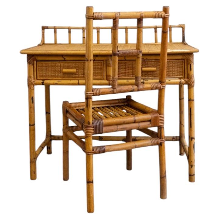 Bamboo and Rattan Desk with Matching Chair – 1970s