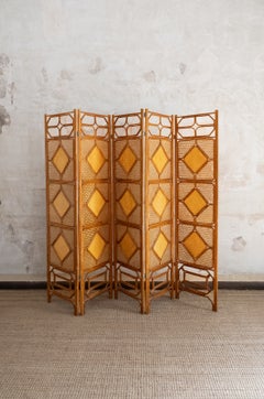 Folding Bamboo Screen With Woven Rush Panels – 1970s