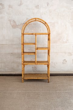 Pair Of Arched Bamboo Bookcases With Woven Rush Fabric – 1970s
