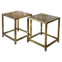 Pair of Brass, Glass, and Woven Rush Side Tables – 1970s