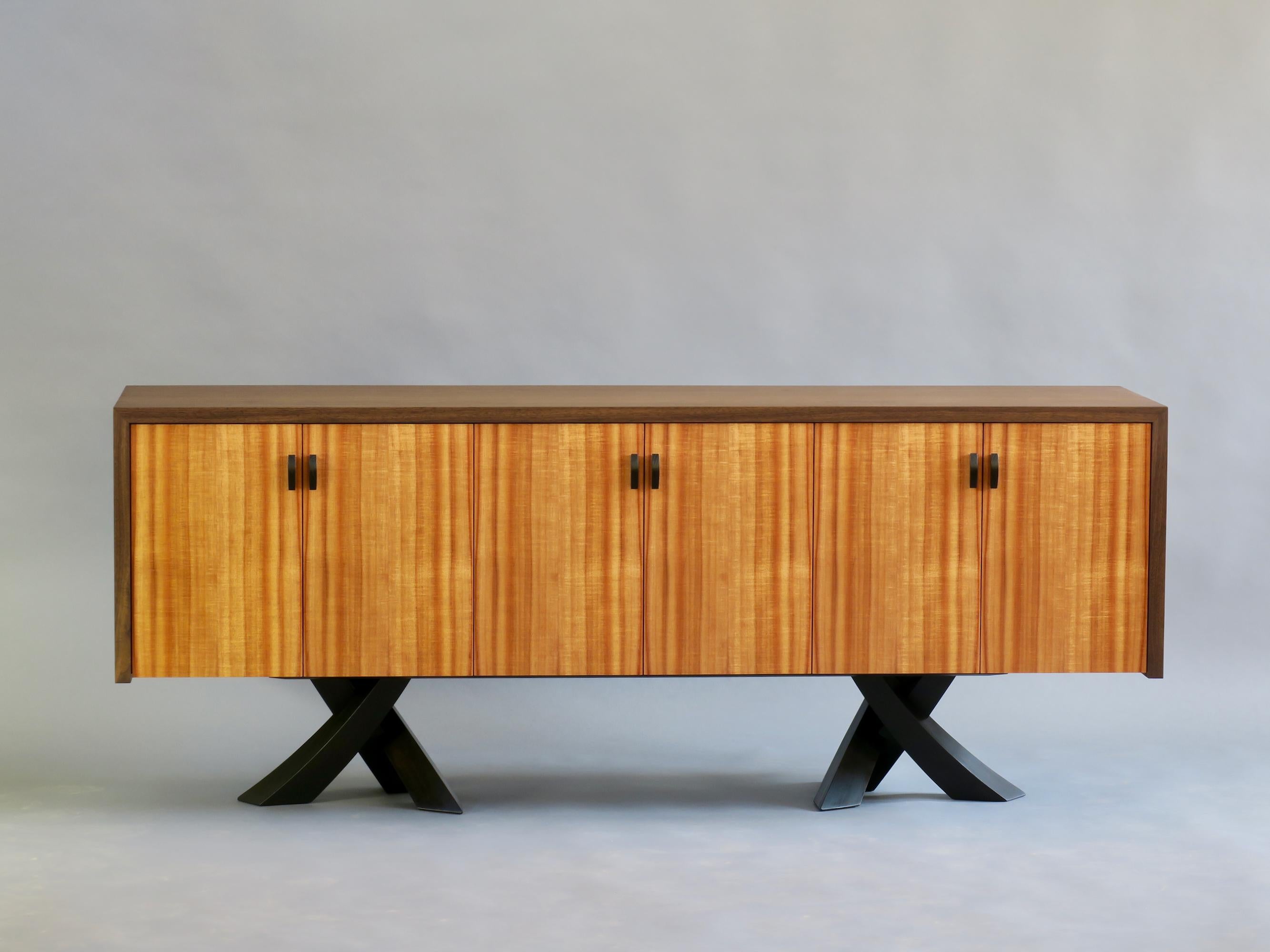 American Modern Walnut  Koa Credenza  Sculptural Legs by Thomas Throop  Made to Order For Sale