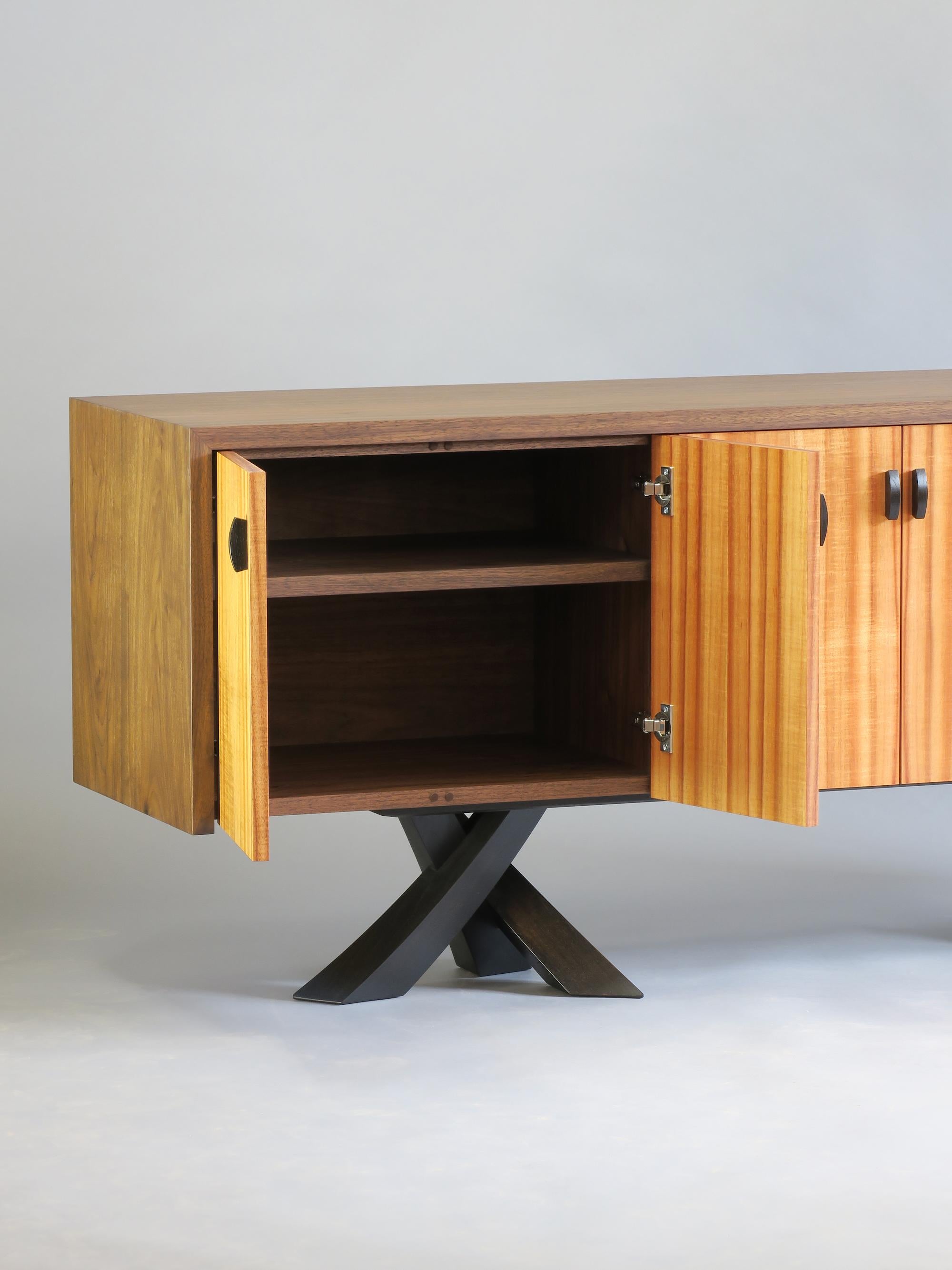 Modern Walnut  Koa Credenza  Sculptural Legs by Thomas Throop  Made to Order In New Condition For Sale In New Canaan, CT