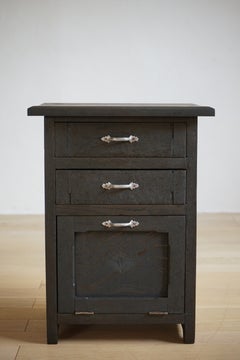 Japanese Antique Black-Painted Oak Nightstand, 1930s–1950s, Japandi Wabi-Sabi