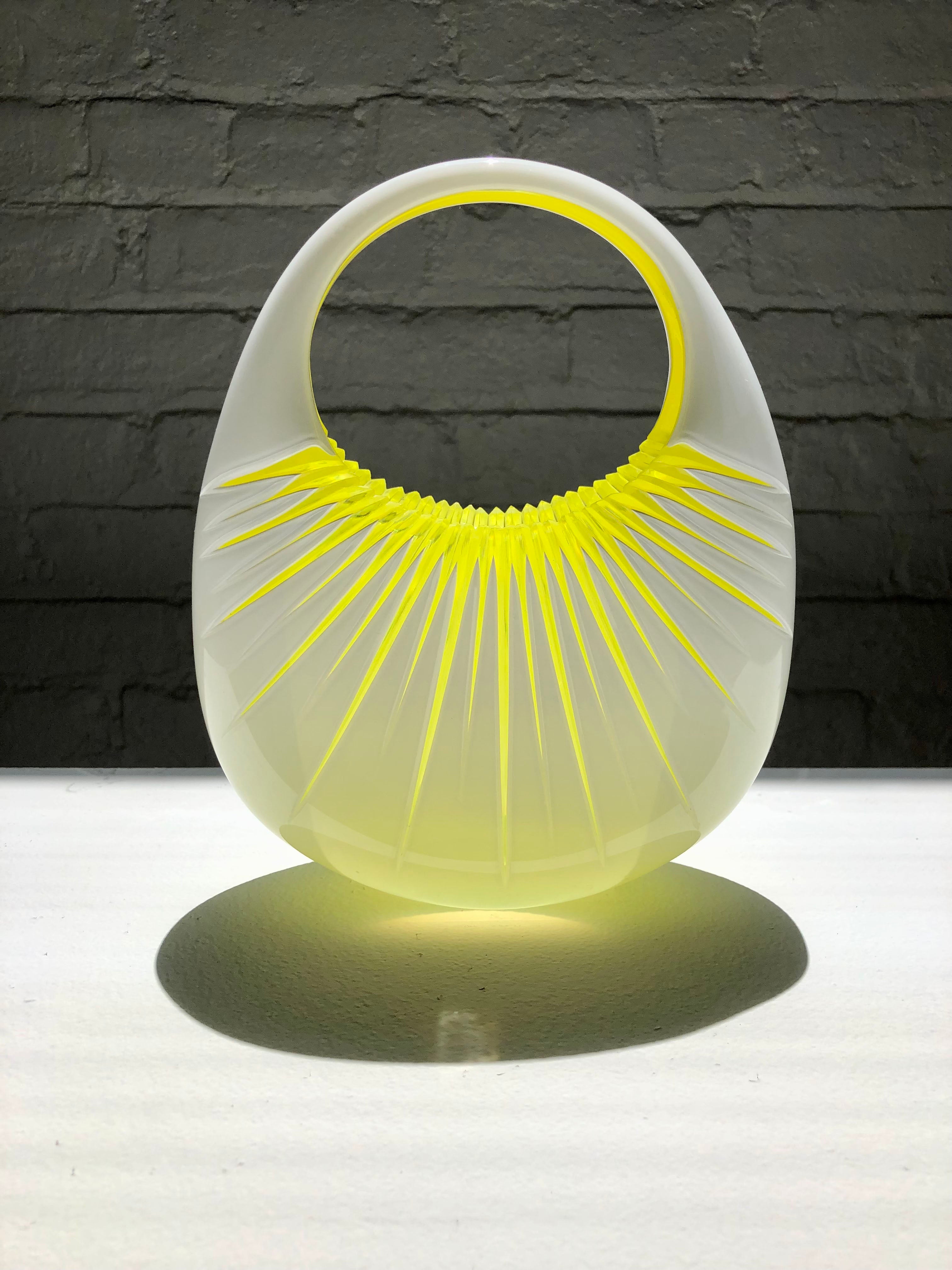 American Glass Handbag with Yellow and White Engraved Sunburst by Raiffe