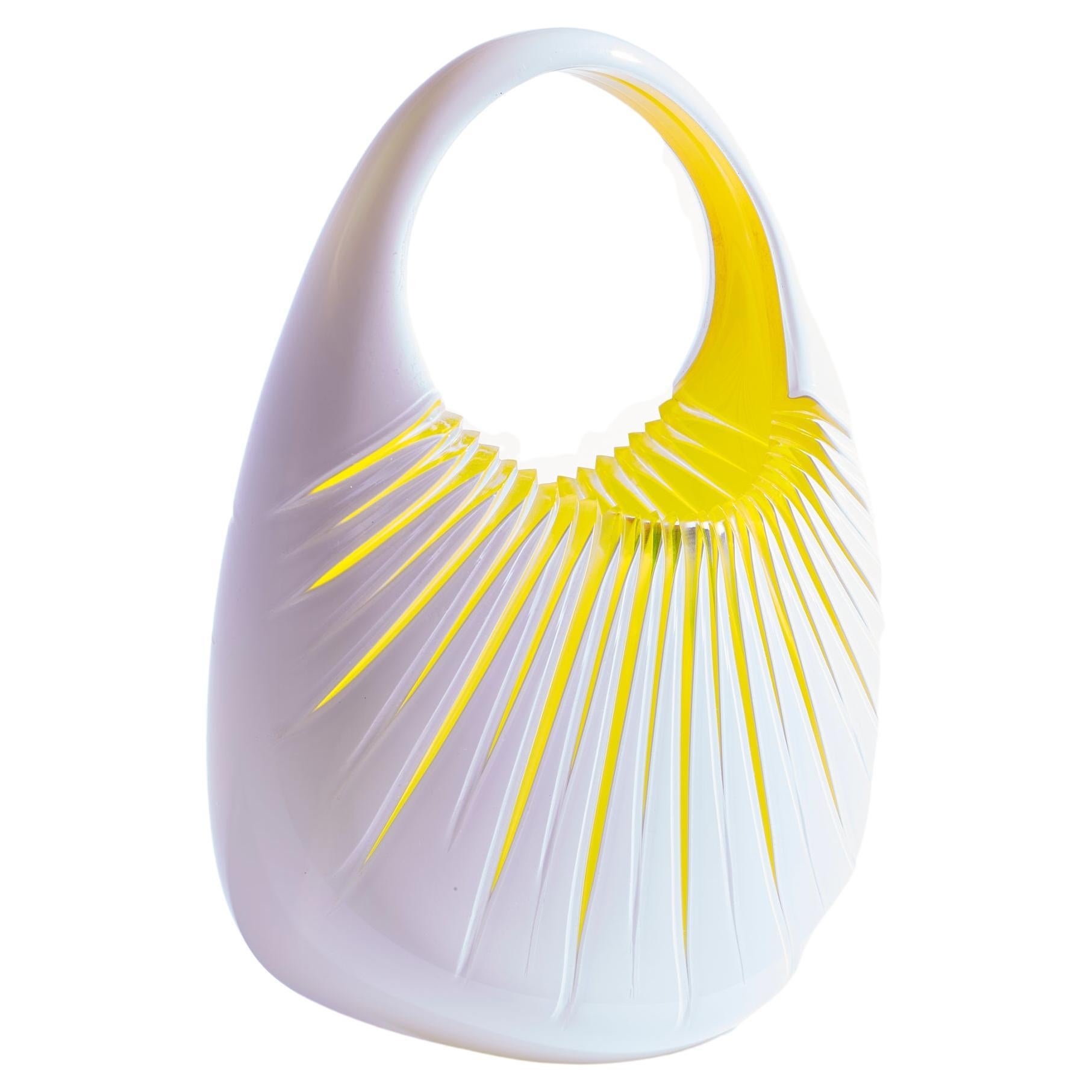 Glass Handbag with Yellow and White Engraved Sunburst by Raiffe