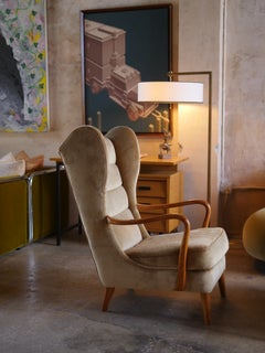 1940s Swedish Wingback Elm Wood Lounge Chair in Schumacher Velvet