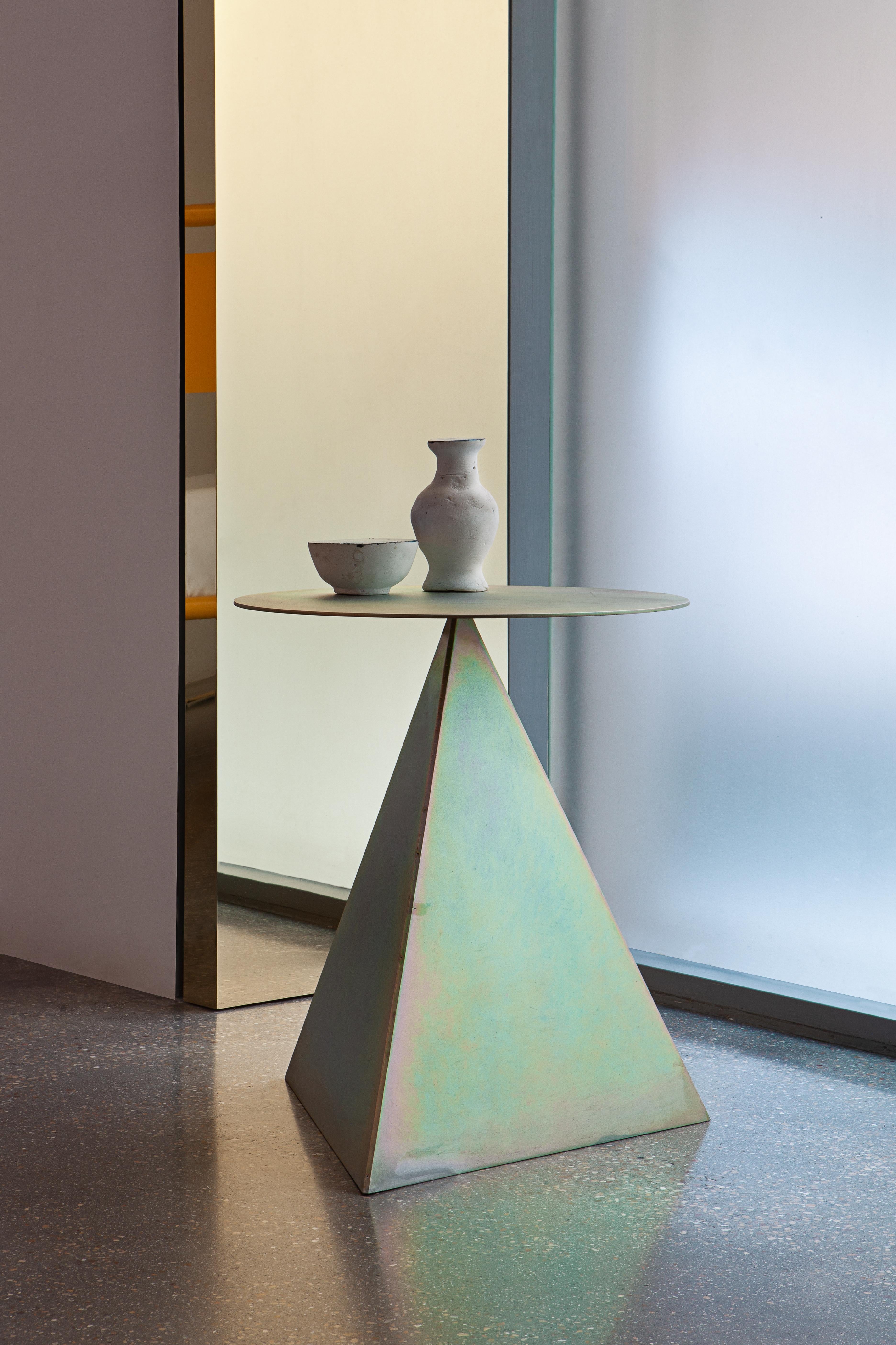 Steel Difficult Table side table in bichromated steel by Cristian Herrera Dalmau For Sale