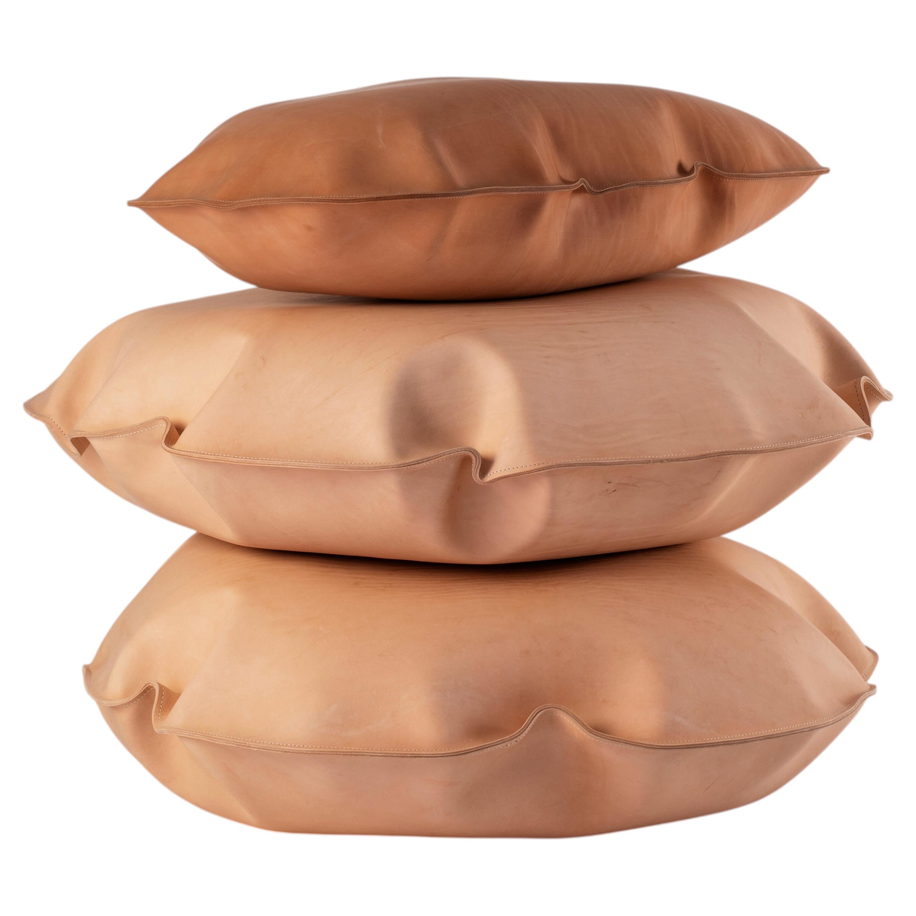 Contemporary Handmade Brown Leather Pouf by Jordi Ribaudí, 110x95 CM For Sale