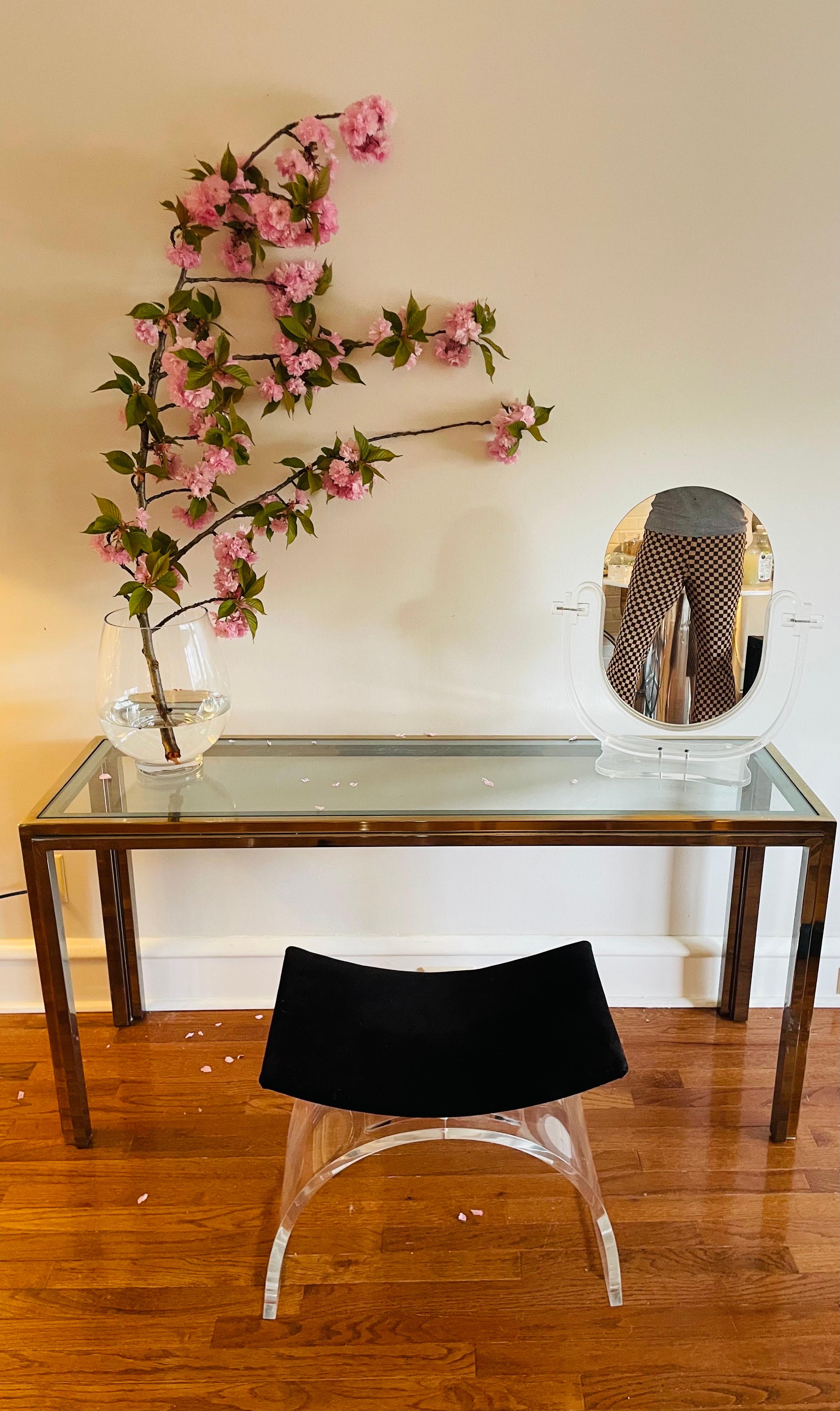 Hand-Crafted Sculptural Arched Vintage Lucite and Upholstered Vanity Stool or Bench For Sale