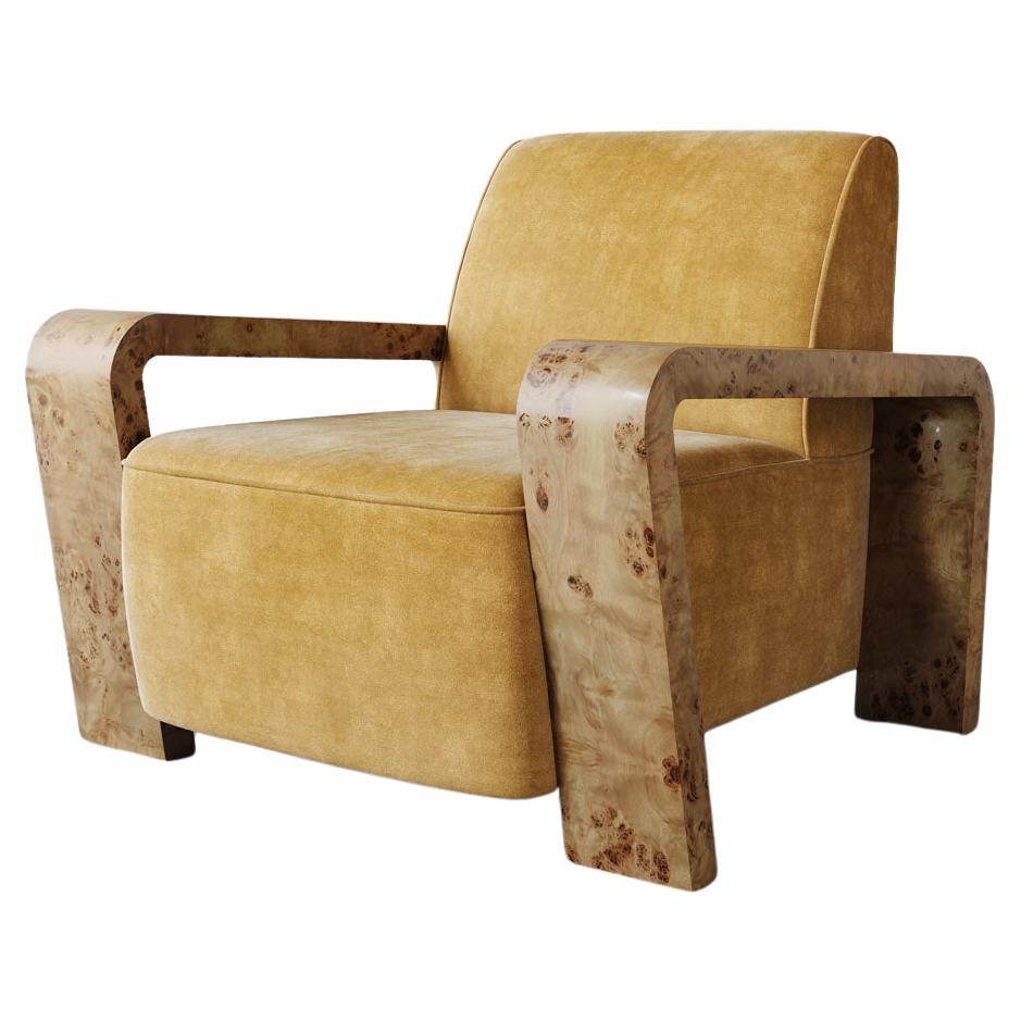 "Dumas" Lounge Chair in Gold Faux Mohair by Christiane Lemieux For Sale