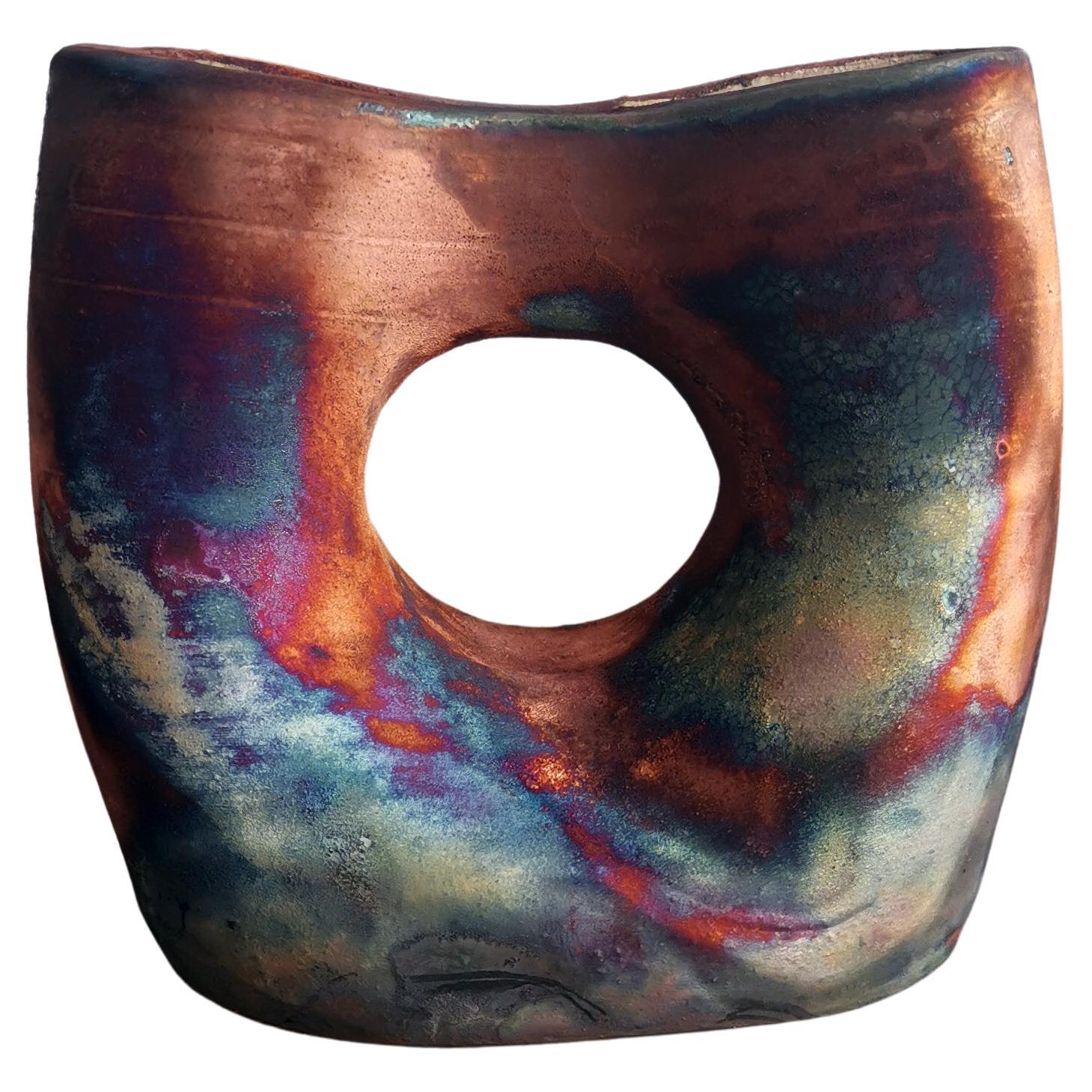 Dokutsu Raku Fired Pottery Vase - Full Copper Matte -Handmade Ceramic Home Decor For Sale