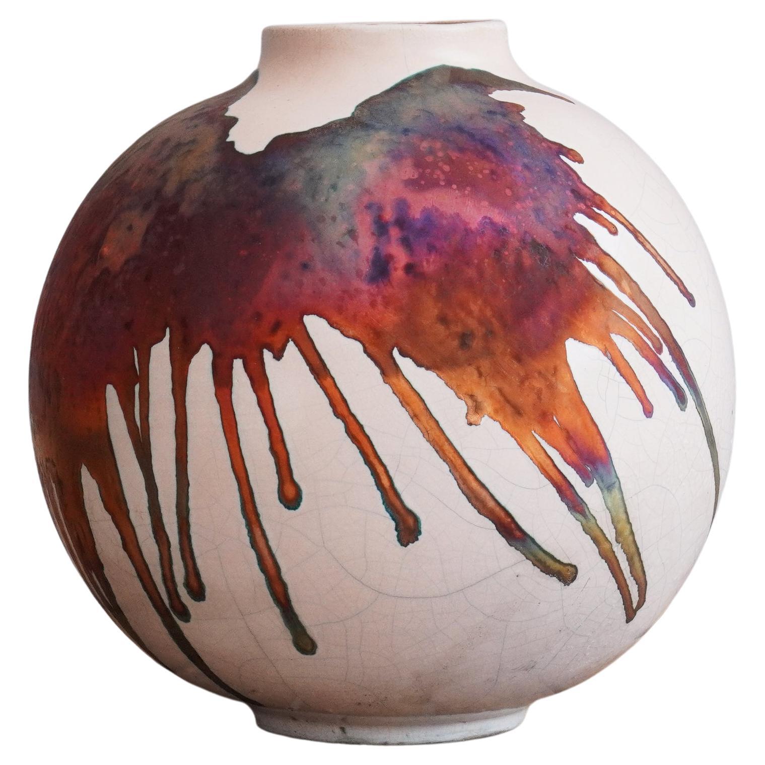 Raaquu Raku Fired Large Globe Vase S/N0000466 Centerpiece Art Series, Malaysia