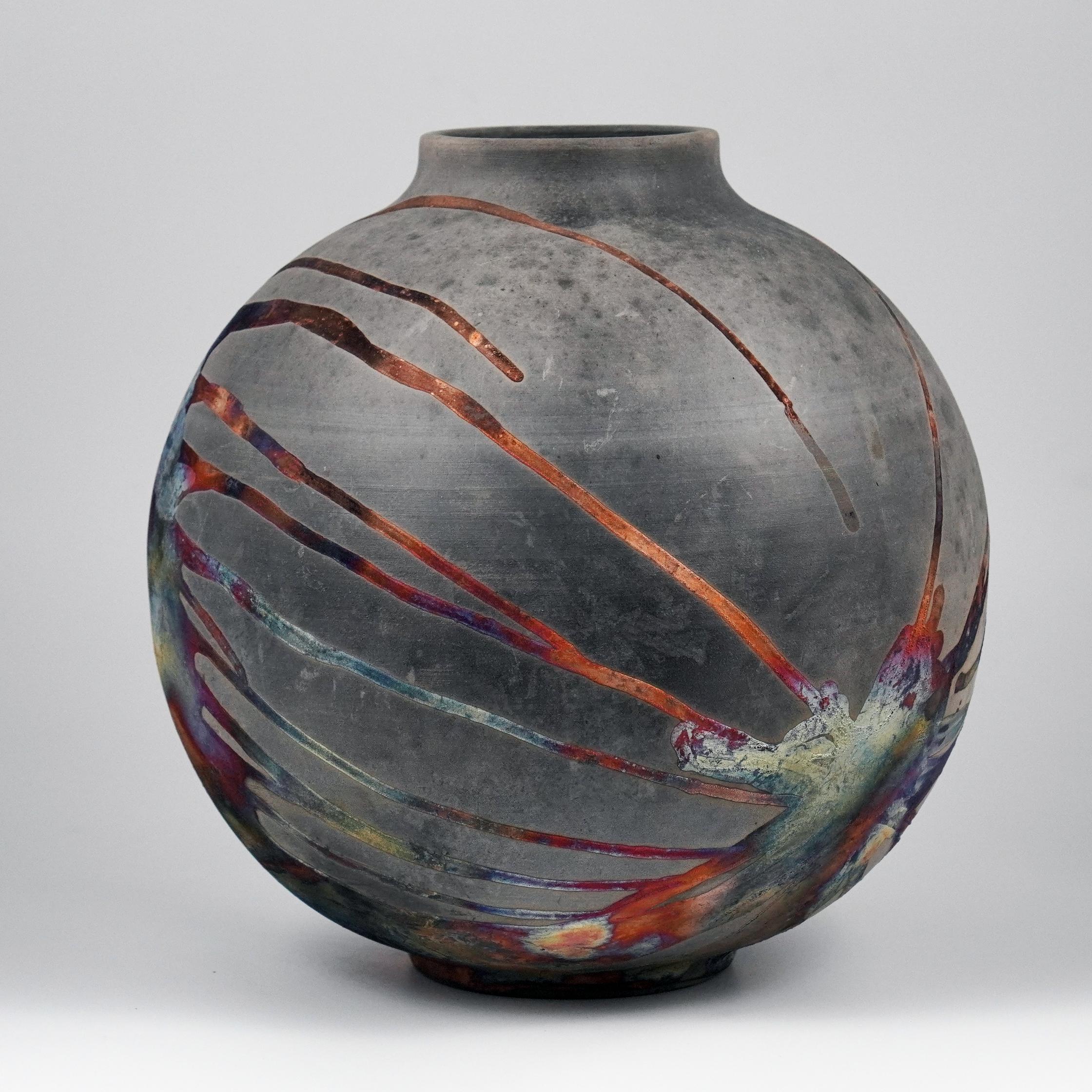 Modern Raaquu Raku Fired Large Globe Vase S/N0000474 Centerpiece Art Series, Malaysia For Sale