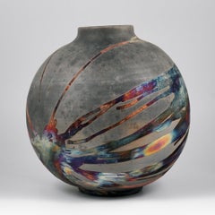 Raaquu Raku Fired Large Globe Vase S/N0000474 Centerpiece Art Series, Malaysia