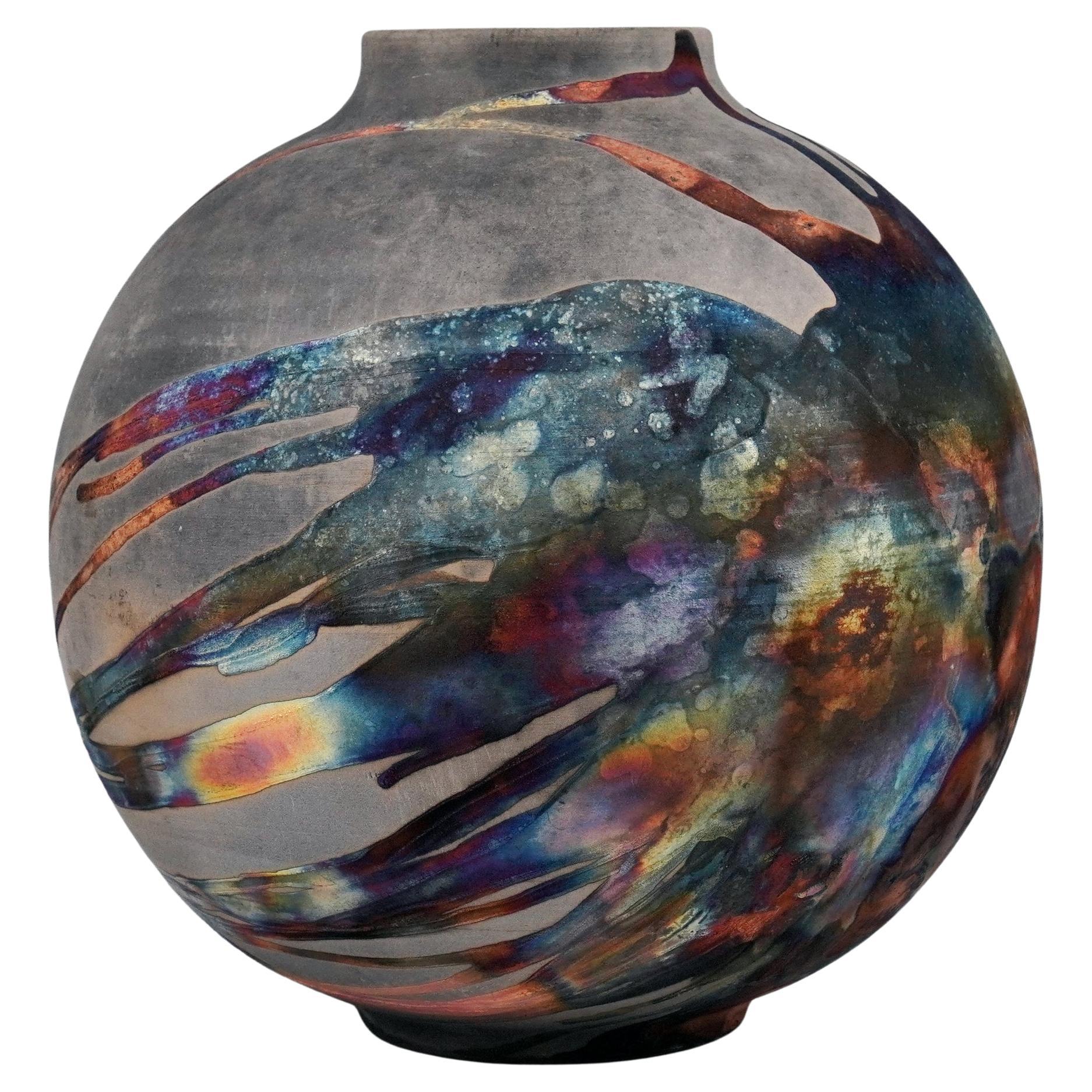 Raaquu Raku Fired Large Globe Vase S/N0000474 Centerpiece Art Series, Malaysia